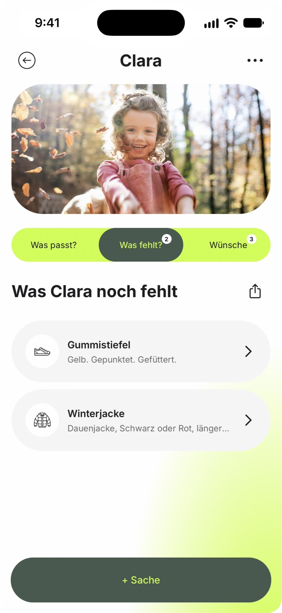 Nidlist-App: Für Clara fehlen Gummistiefel – gelb, gepunktet, gefüttert – und eine Winterjacke.