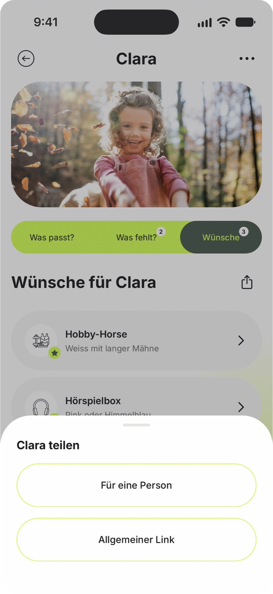 In der Nidlist-App: Clara teilen – für eine Person oder über einen allgemeinen Link.