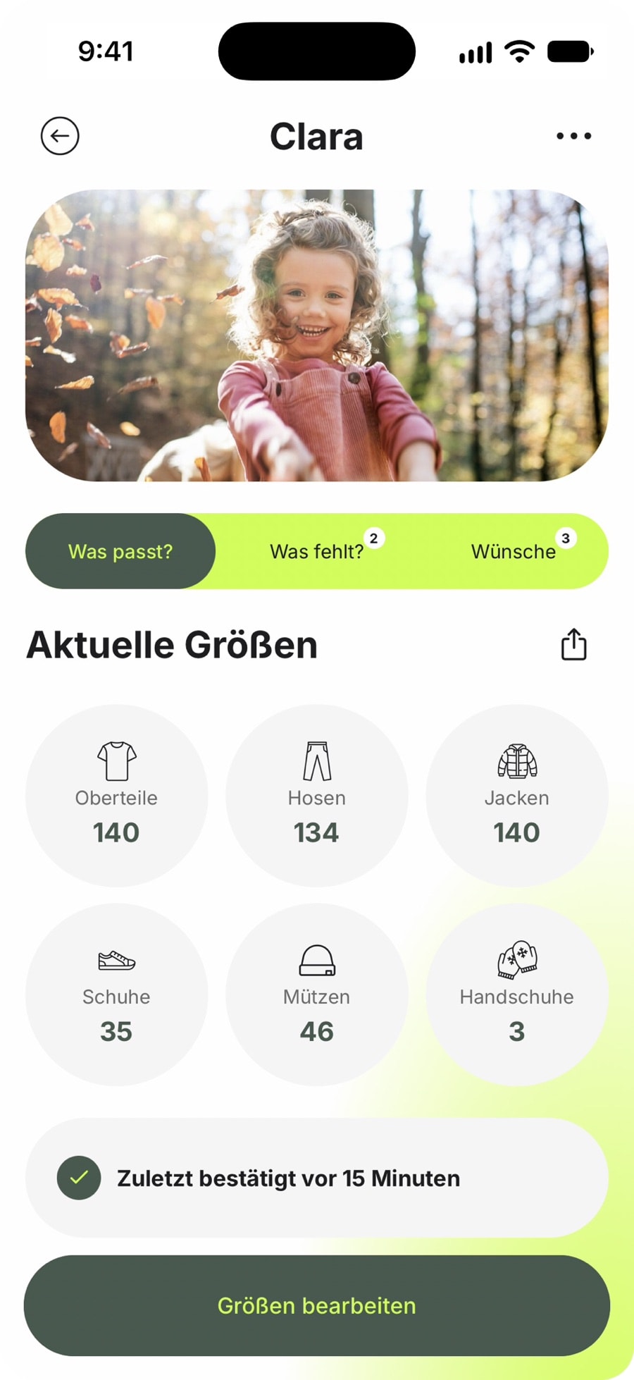 Nidlist-App: Claras aktuelle Größen – Oberteile 140, Hosen 134, Jacken 140, Schuhe 35, Mützen 46, Handschuhe 3. Zuletzt bestätigt vor 15 Minuten.