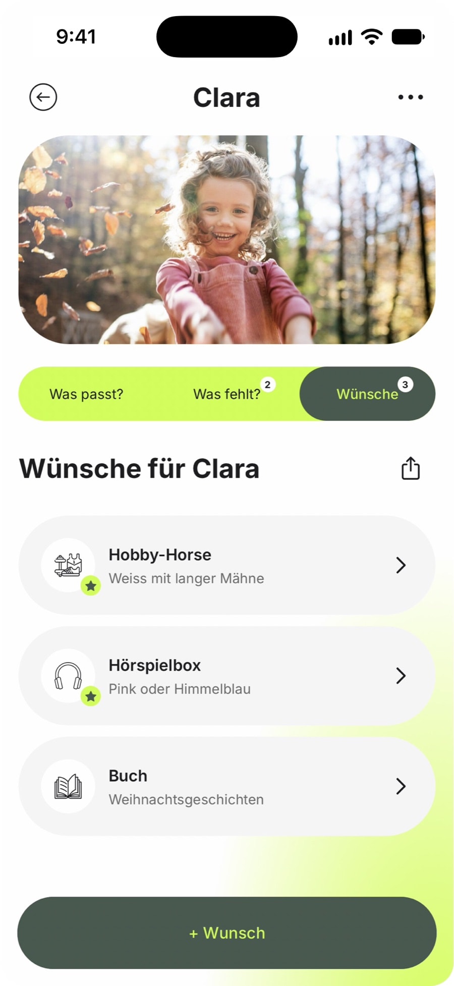 Nidlist-App: Claras Wünsche – Hobby-Horse und Hörspielbox als Favoriten markiert, dazu ein Buch.