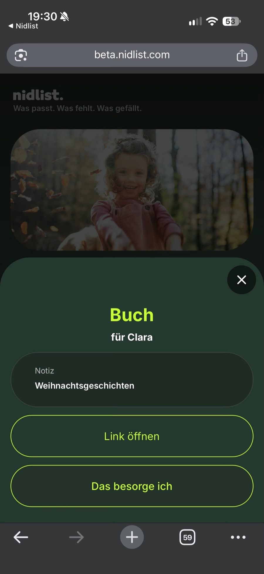 Gastansicht im Browser: Buch für Clara mit Notiz, „Link öffnen“ und „Das besorge ich“.