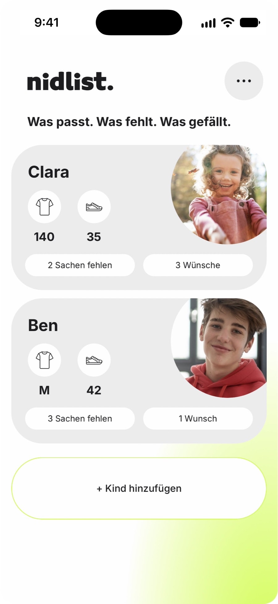Nidlist-Startseite mit zwei Kindern: Clara mit Oberteilgröße 140 und Schuhgröße 35, Ben mit M und 42 – dazu fehlende Sachen und Wünsche.